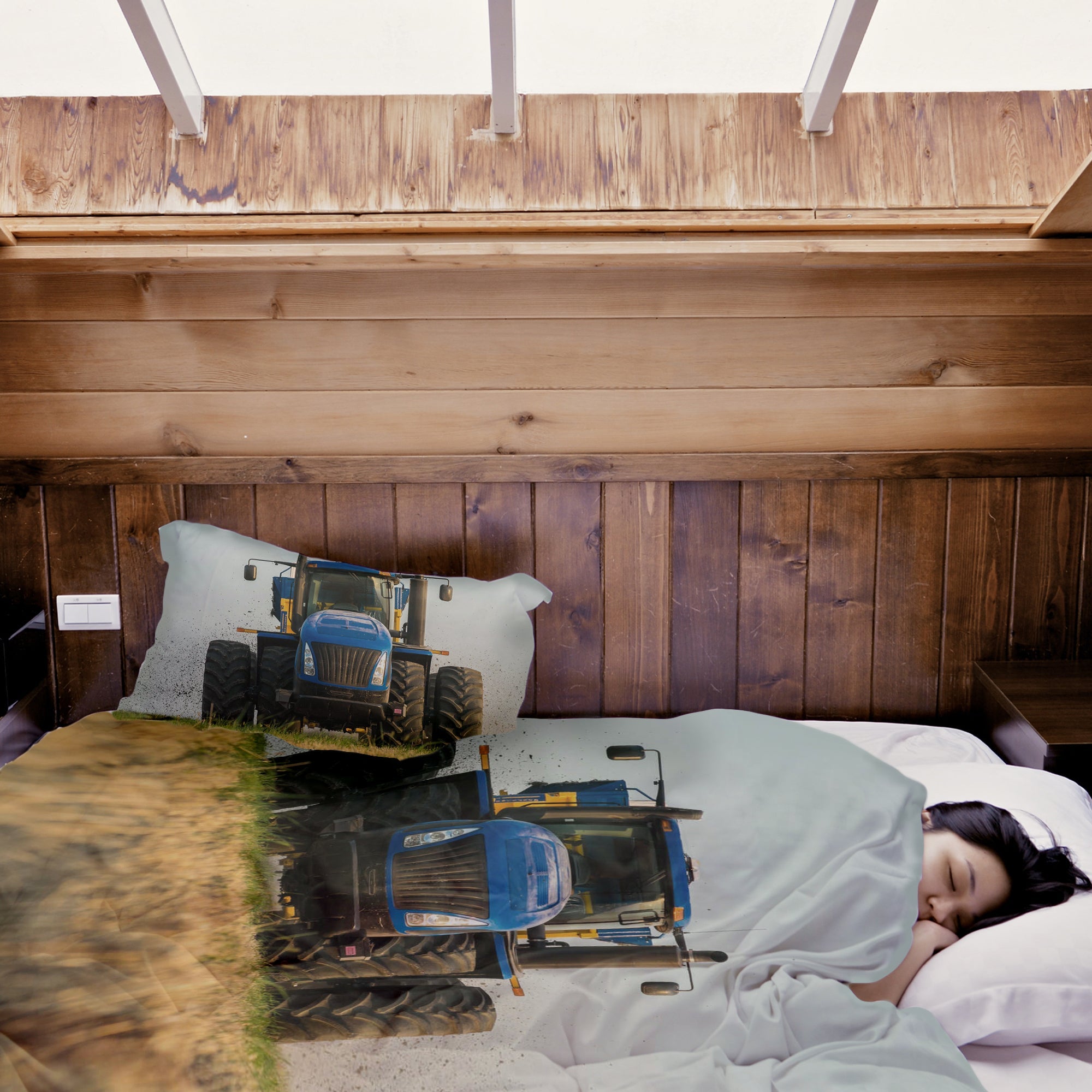 Set de ropa de cama con manta terapéutica tractor en azul