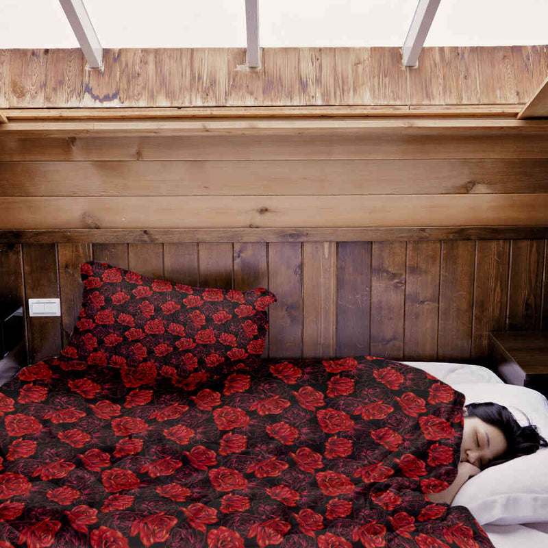 Juego de ropa de cama con manta terapéutica negro con rosas rojas
