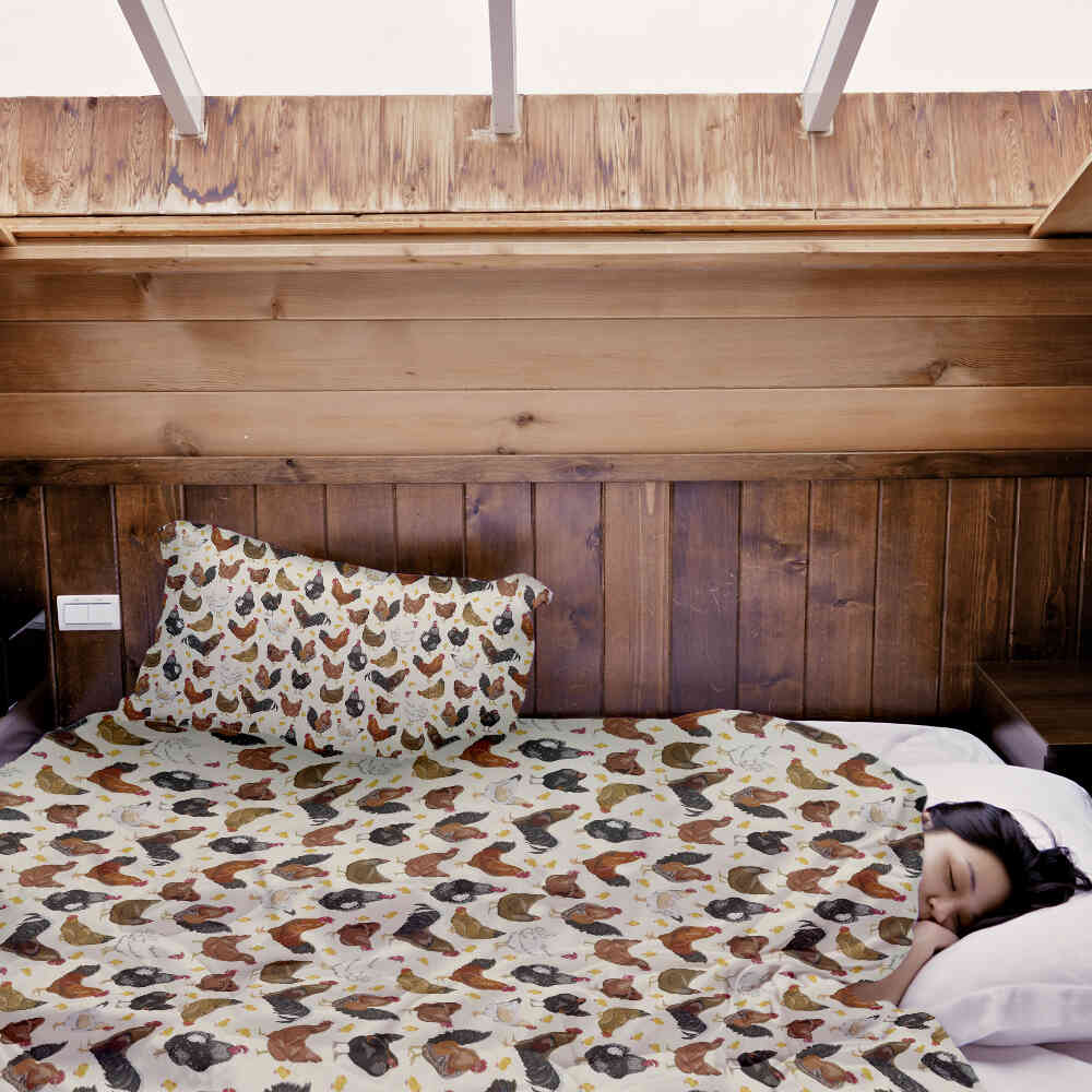 Therapy blankets bedding set white with many chickens