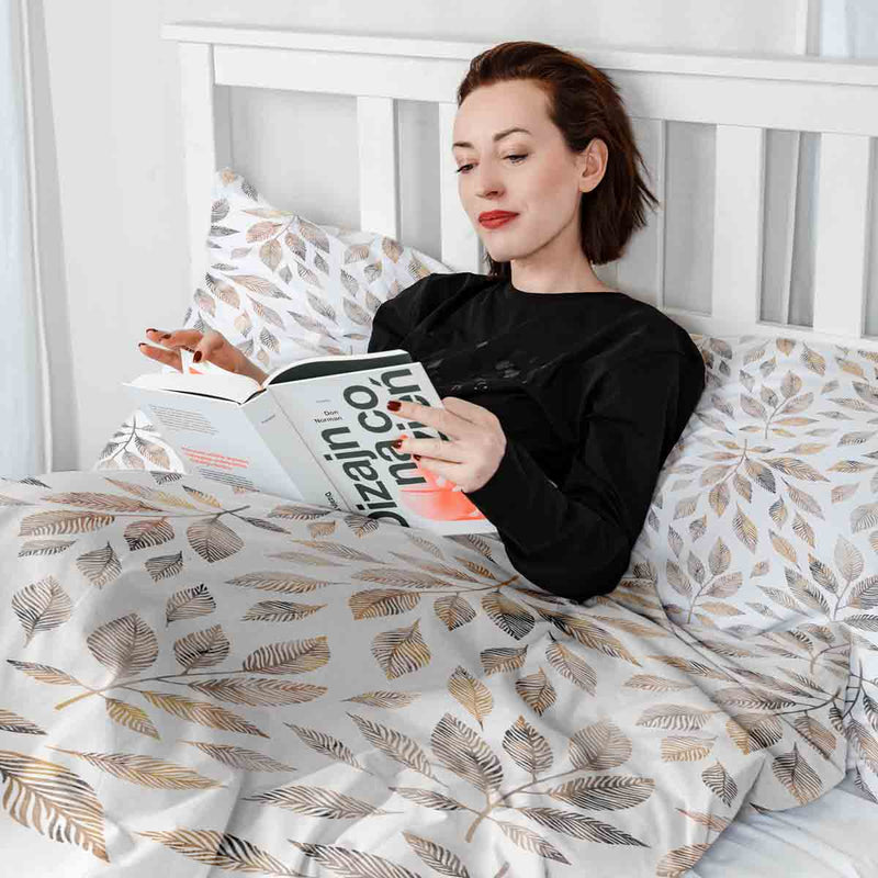 Therapy blanket bedding set, white with light brown branches.