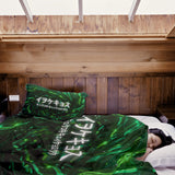 Therapy blanket and bedding set, green, with Chinese characters.
