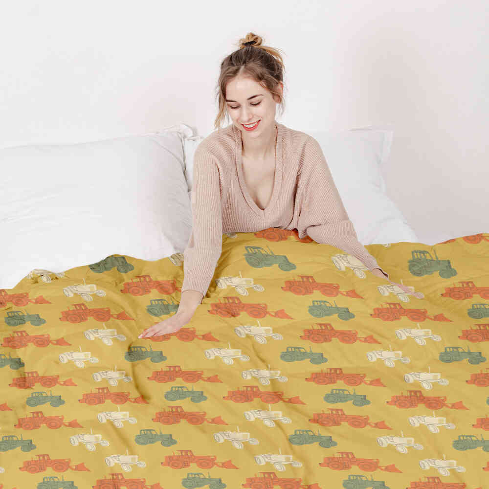 Originele therapiedeken - katoenen hoes oranje met tractoren