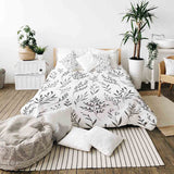 Therapy blanket bedding set, white with black branches.