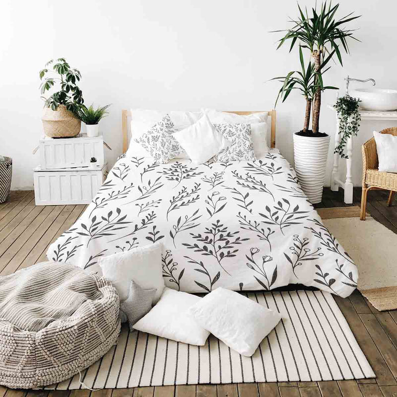 Therapy blanket bedding set, white with black branches.