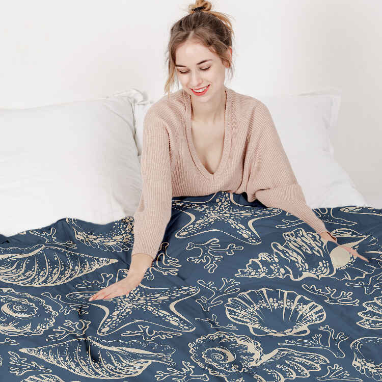 Therapy blanket and bedding set, blue with shells.