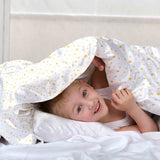 Therapy blanket and bedding set, white with yellow stars.