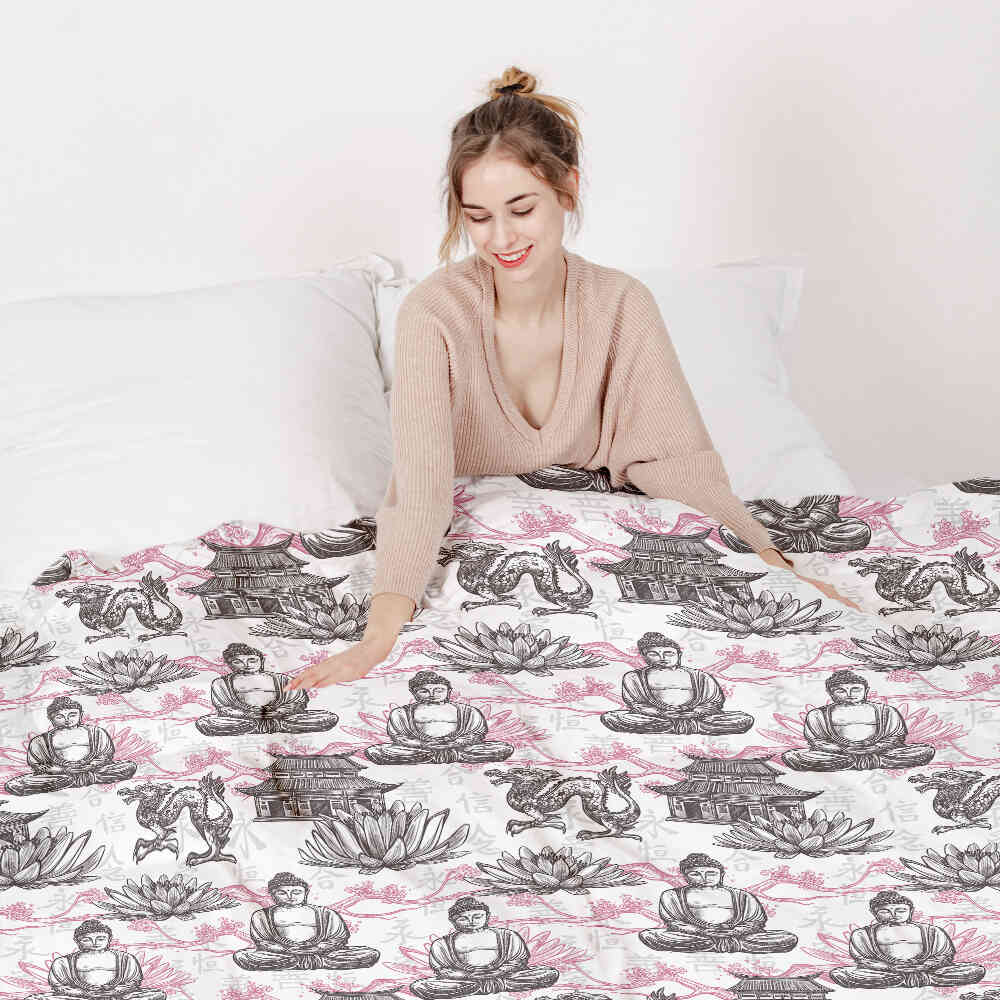 Set di biancheria da letto con coperta terapeutica e Buddha rosa