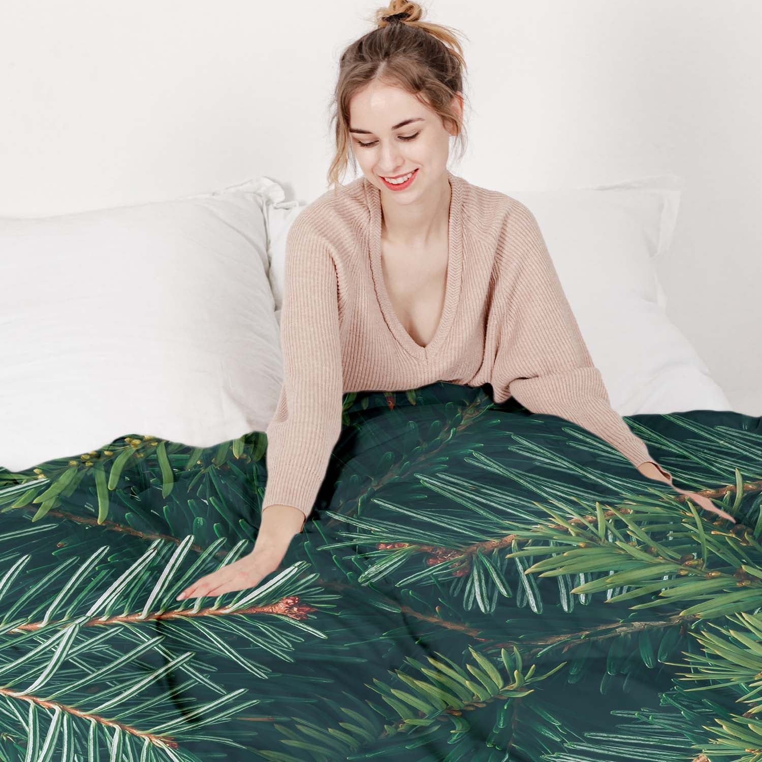 Original therapy blanket - cotton cover with green fir branches