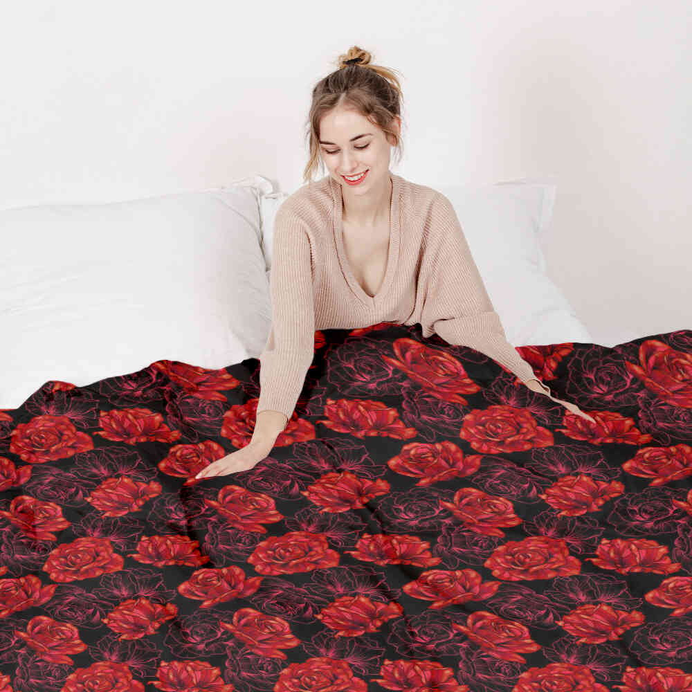 Therapy blankets bedding set black with red roses