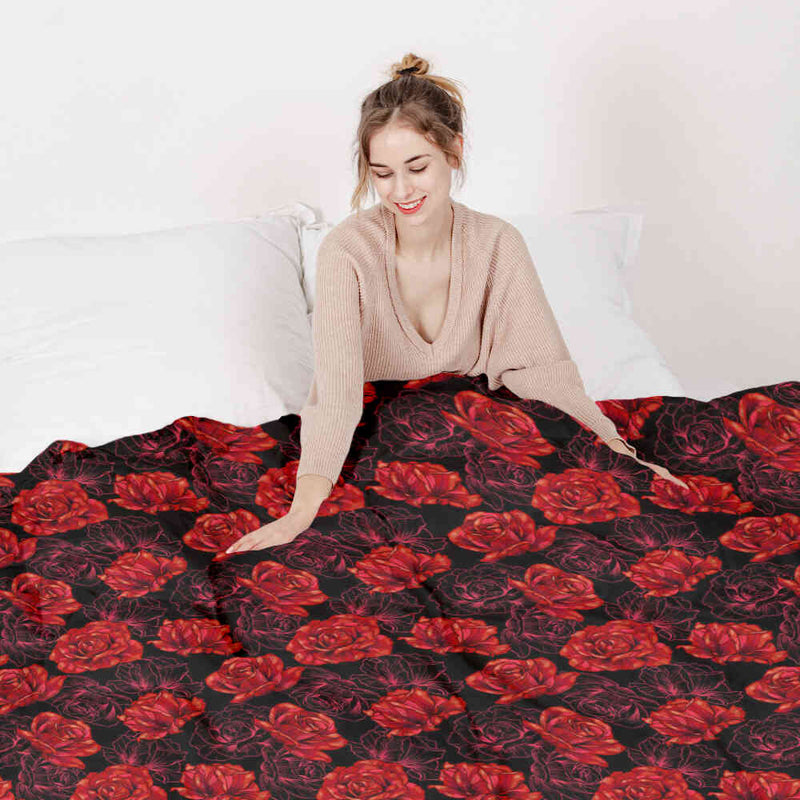 Juego de ropa de cama con manta terapéutica negro con rosas rojas