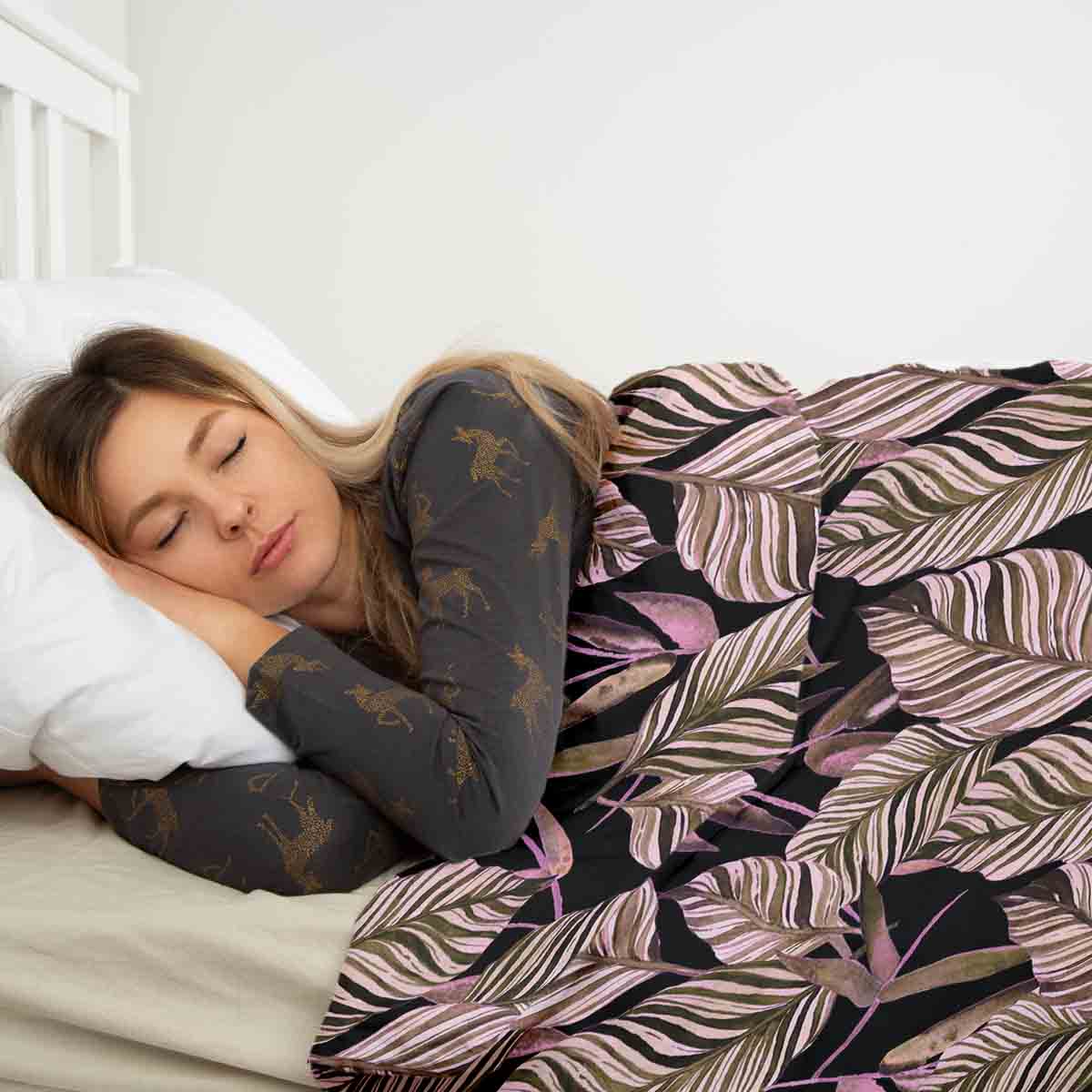 Set di biancheria da letto con coperte terapeutiche nero con foglie viola