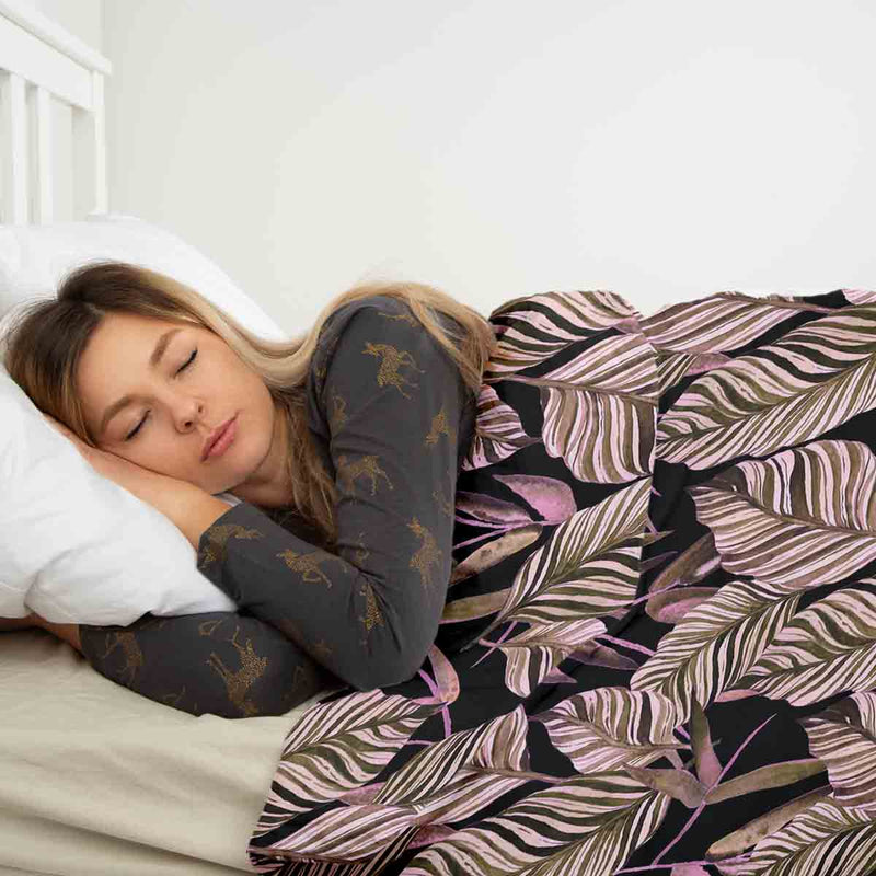 Juego de ropa de cama con manta terapéutica negro con hojas moradas