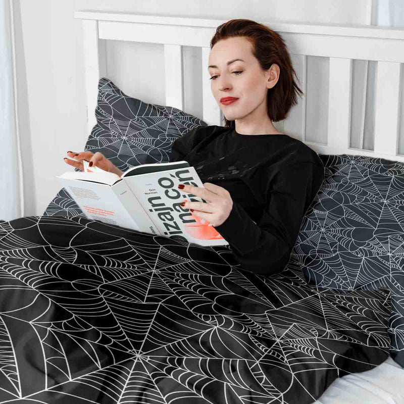 Set di biancheria da letto con coperta terapeutica nera con ragnatela